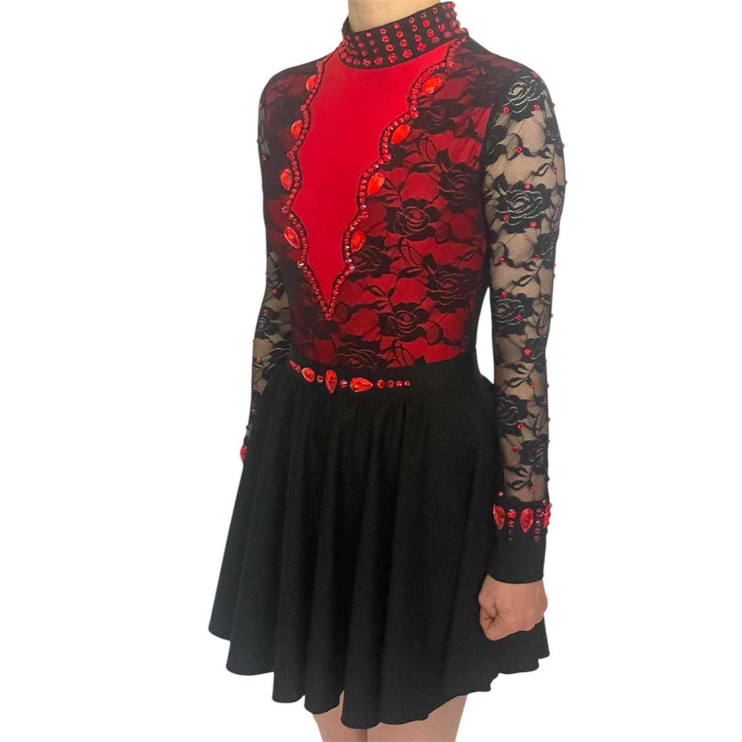 Irish Dance "SCARLET" Embellished Matt Lycra Leotard with Lace Sleeves - Dowsa Performance Wear