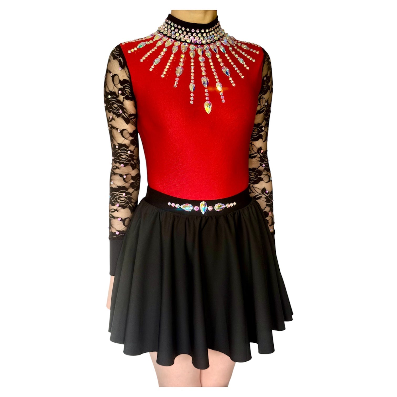 Irish Dance "SCARLET" Embellished Matt Lycra Leotard with Lace Sleeves - Dowsa Performance Wear