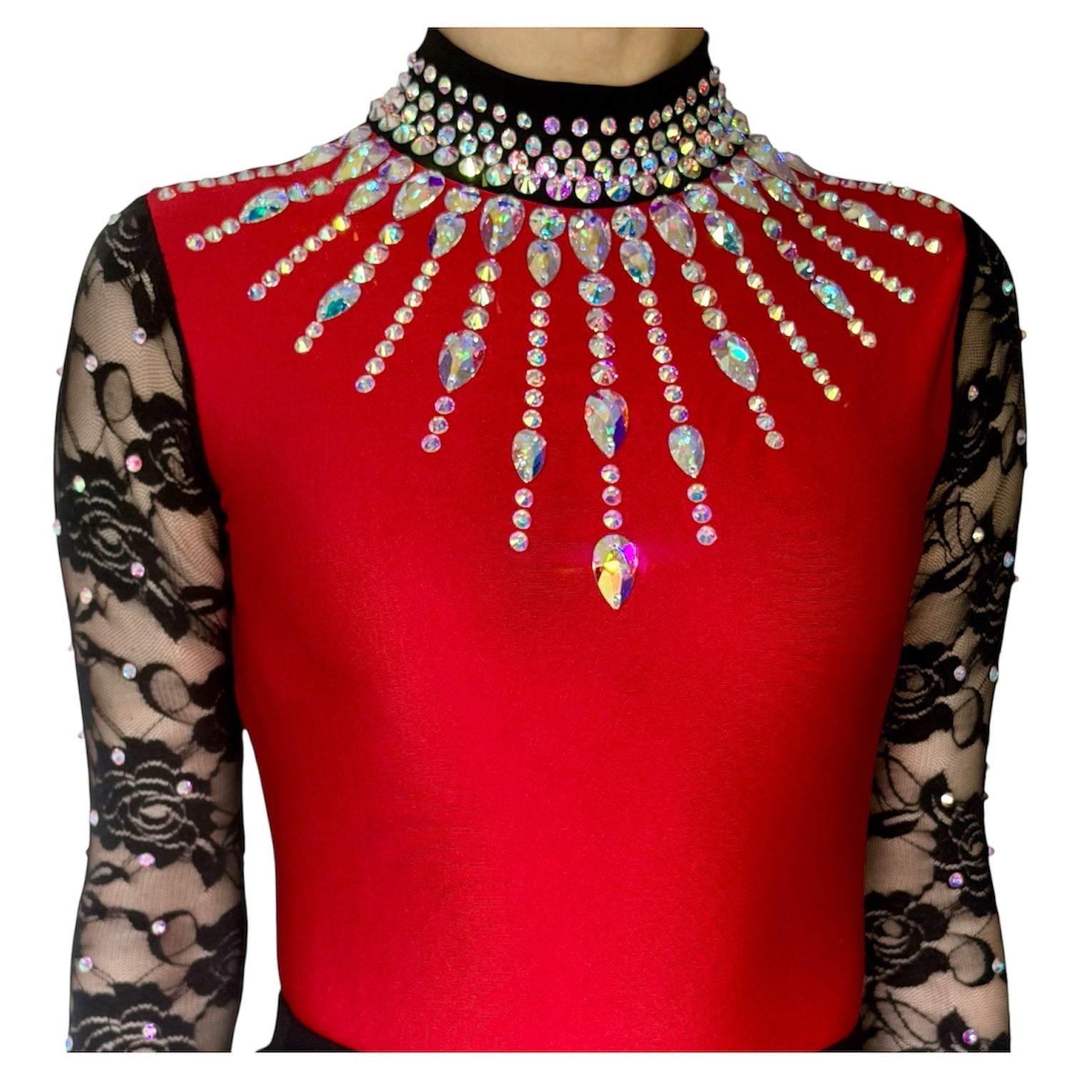 Irish Dance "SCARLET" Embellished Matt Lycra Leotard with Lace Sleeves - Dowsa Performance Wear