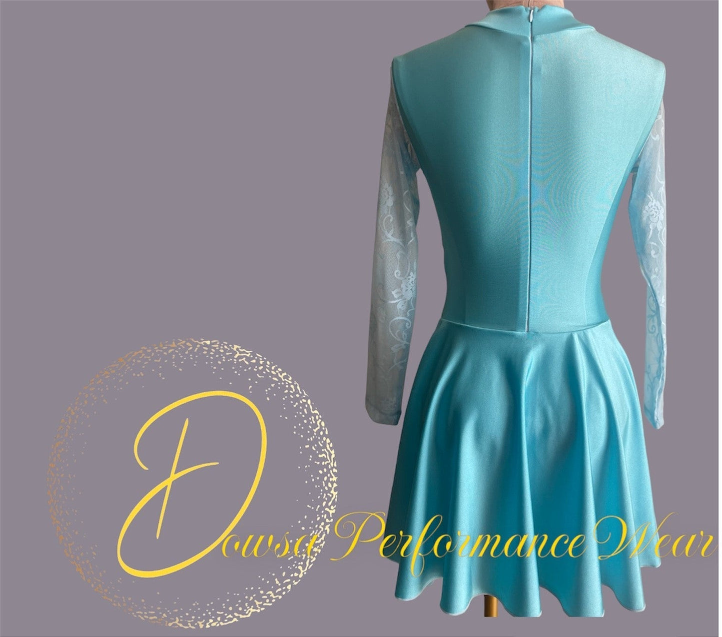 Irish Dance SKY BLUE Lycra Skirted Leotard / All in One Lace Sleeves Dress - Dowsa Performance Wear