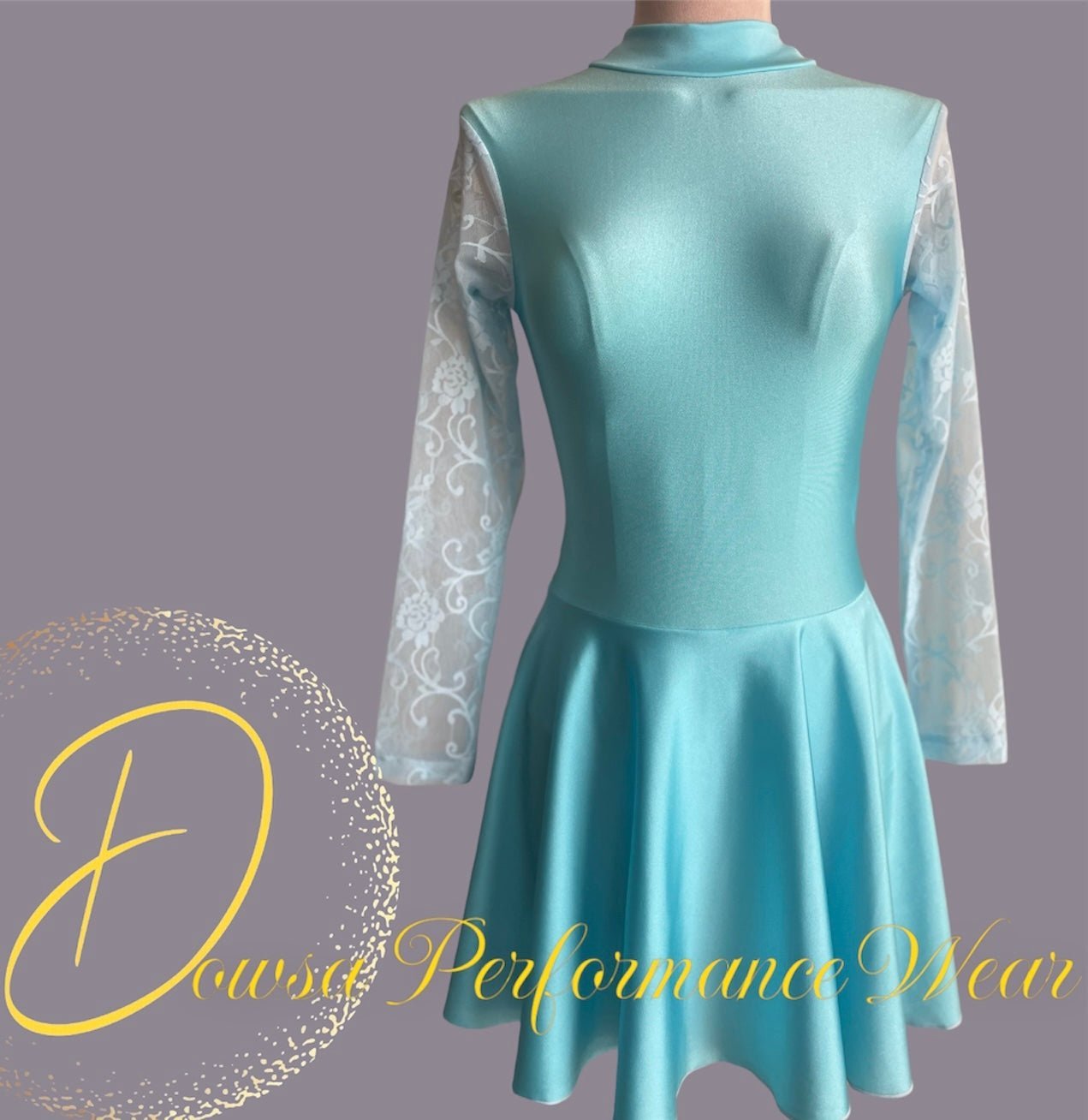 Irish Dance SKY BLUE Lycra Skirted Leotard / All in One Lace Sleeves Dress - Dowsa Performance Wear