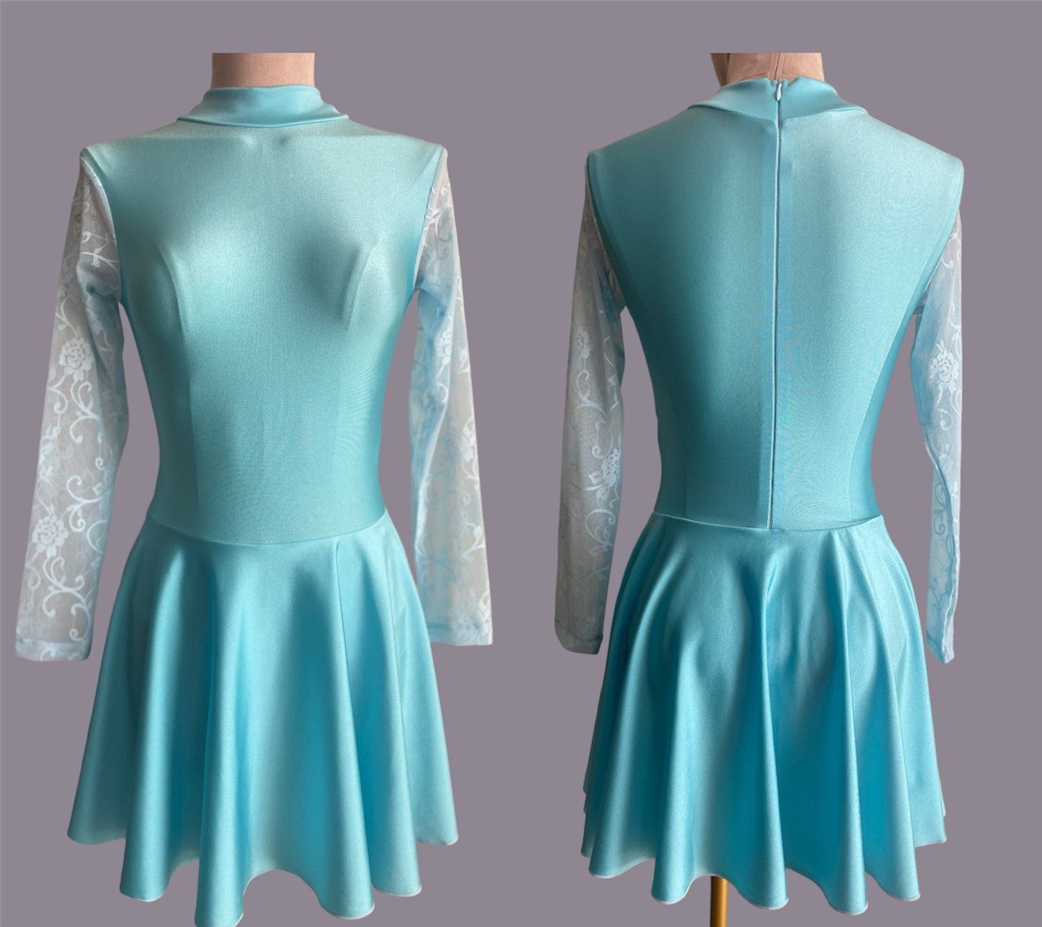 Irish Dance SKY BLUE Lycra Skirted Leotard / All in One Lace Sleeves Dress - Dowsa Performance Wear