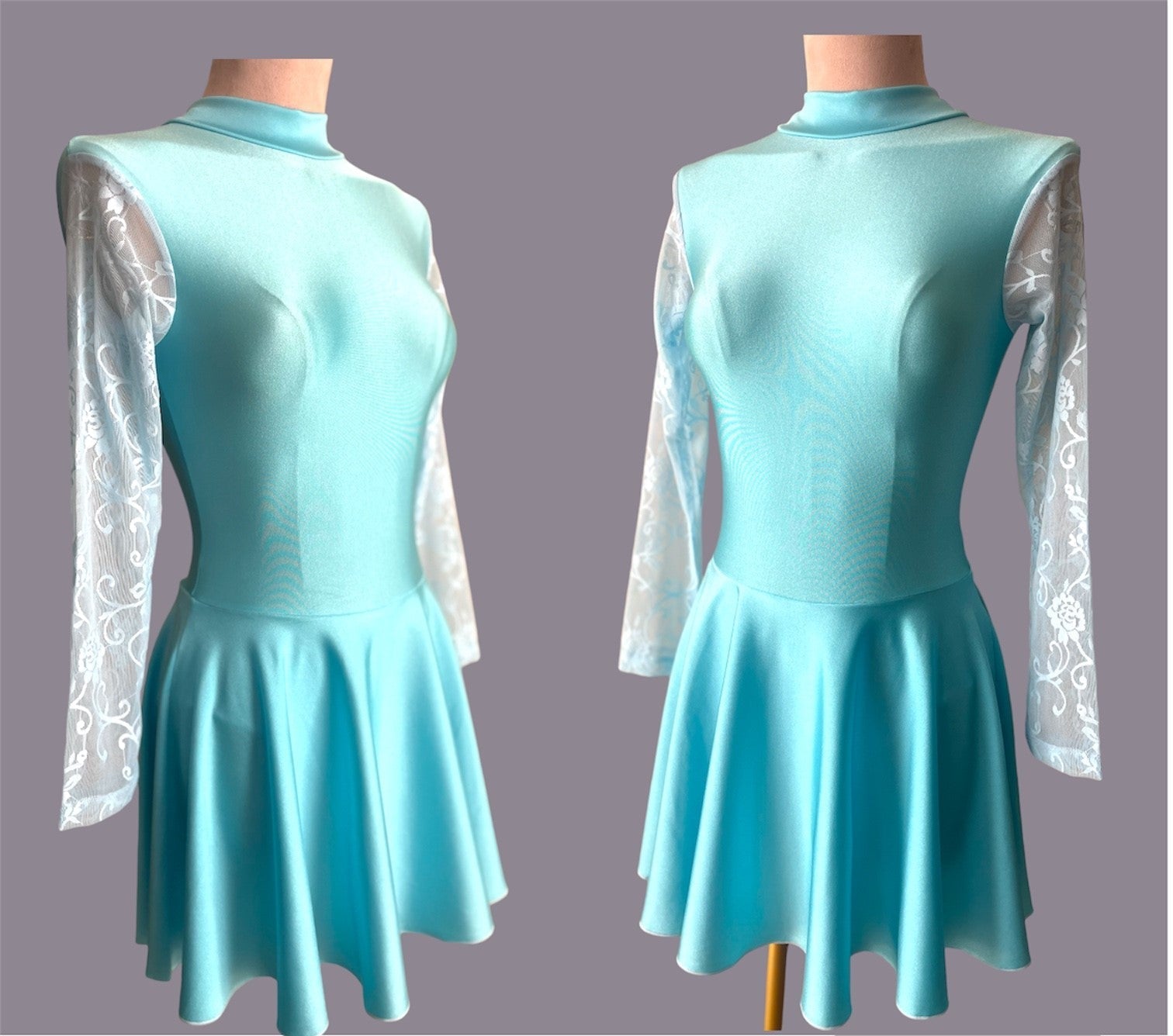 Irish Dance SKY BLUE Lycra Skirted Leotard / All in One Lace Sleeves Dress - Dowsa Performance Wear