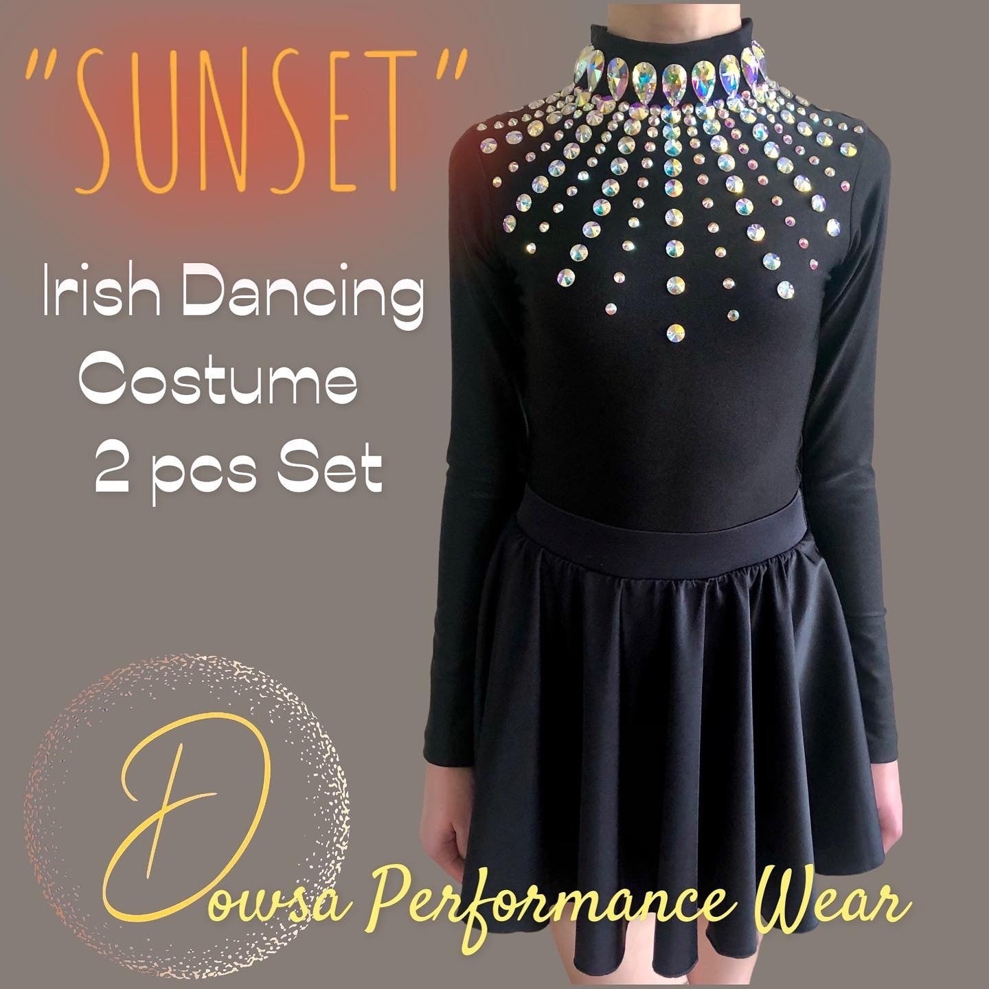 NEW "SUNSET" Irish Dancing Dress /Black Leotard Costume Set - Dowsa Performance Wear