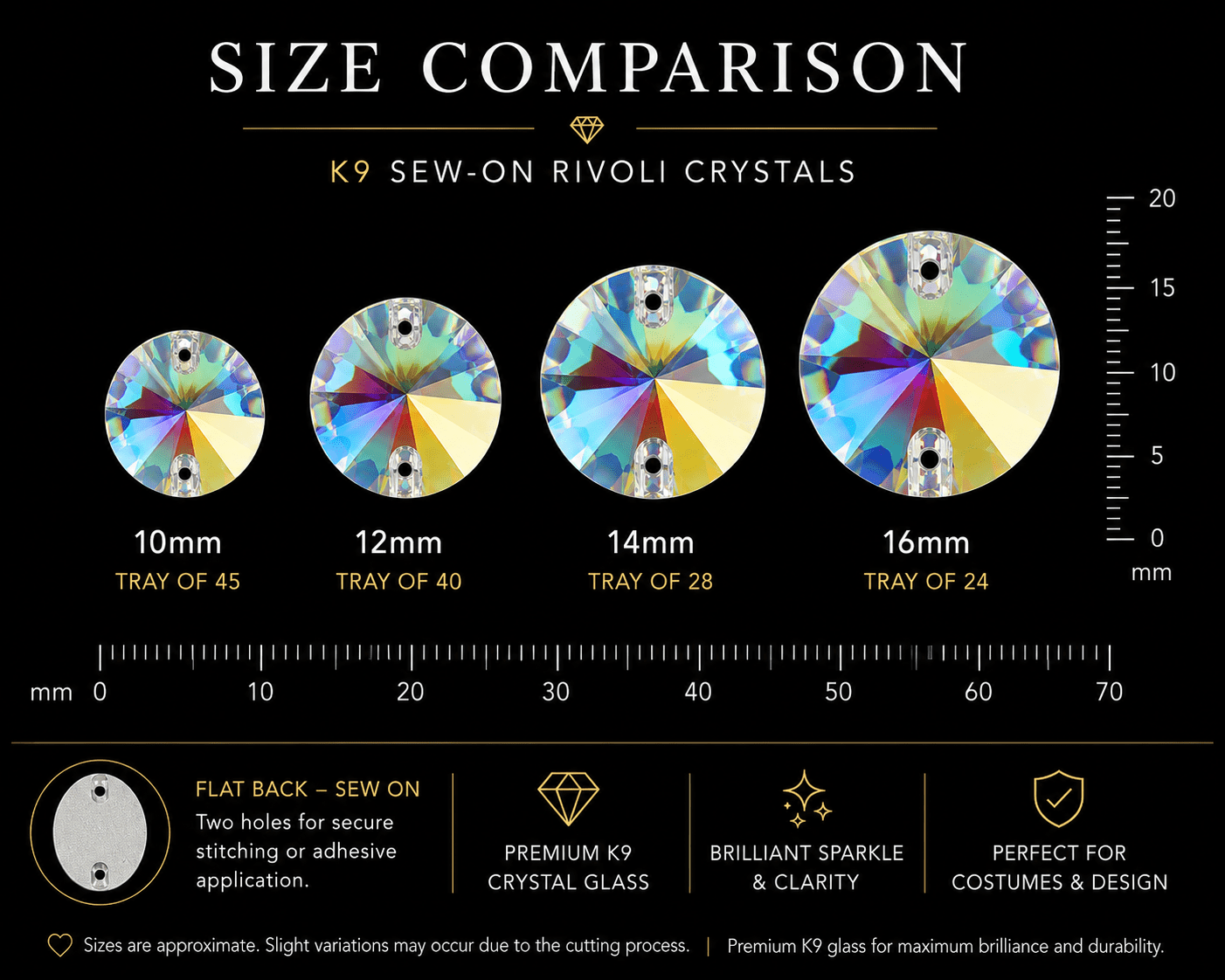 Premium K9 Sew - on RIVOLI Glass Gemstones / Crystal Non - Hotfix Flatback Rhinestones - Dowsa Performance Wear