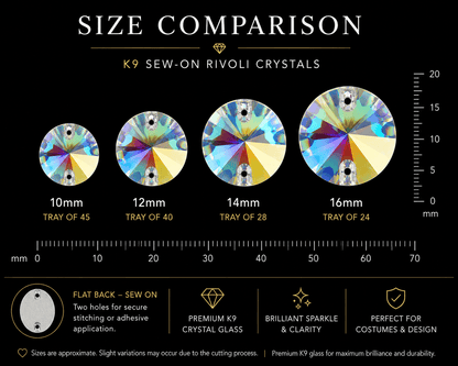 Premium K9 Sew - on RIVOLI Glass Gemstones / Crystal Non - Hotfix Flatback Rhinestones - Dowsa Performance Wear