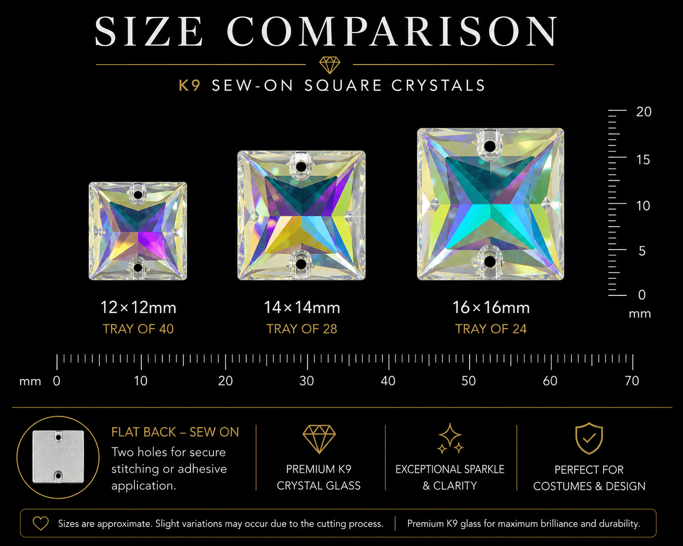 Premium K9 Sew - on SQUARE Glass Gemstones / Crystal Non - Hotfix Flatback Rhinestones - Dowsa Performance Wear