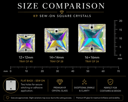 Premium K9 Sew - on SQUARE Glass Gemstones / Crystal Non - Hotfix Flatback Rhinestones - Dowsa Performance Wear
