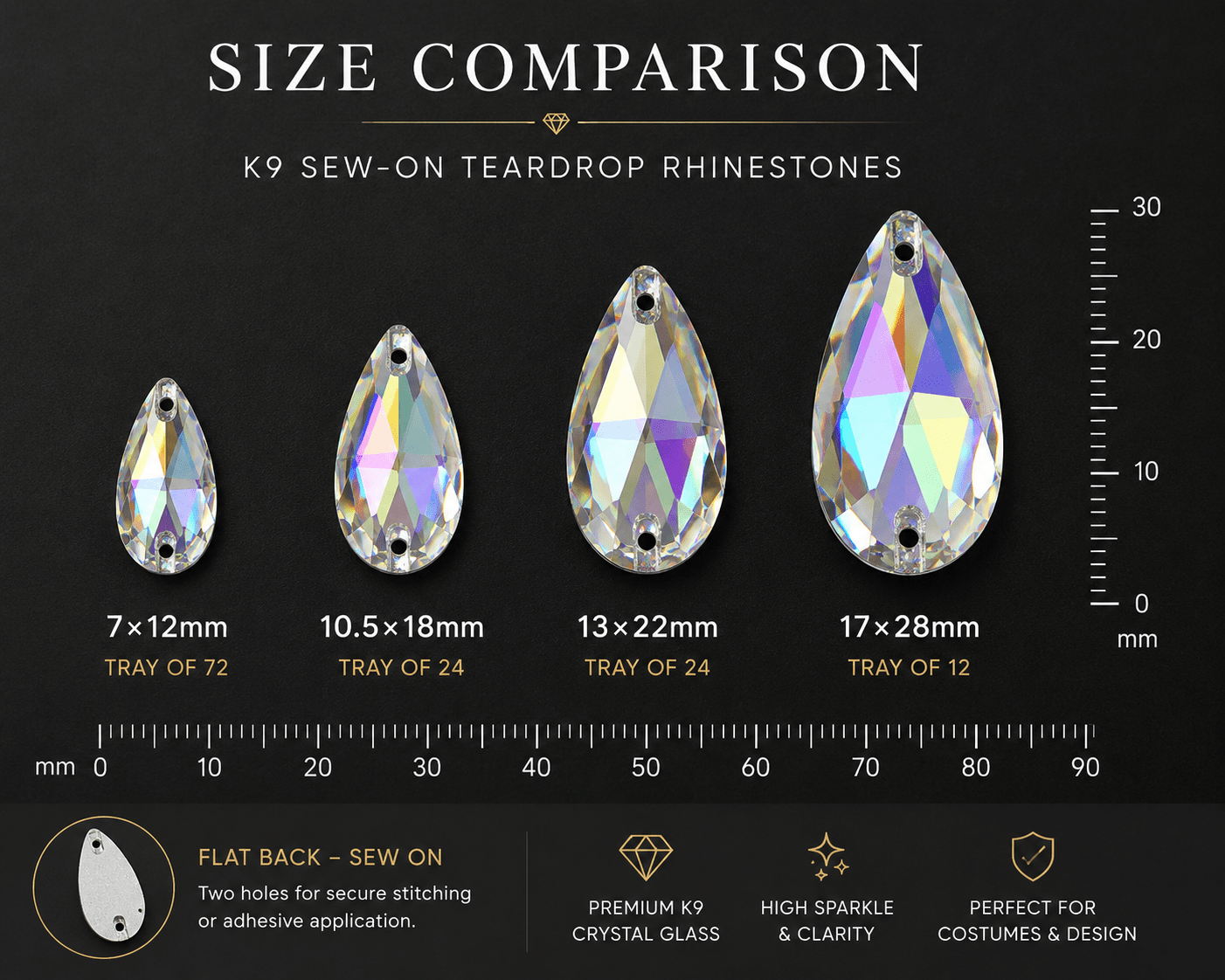 Premium K9 Sew - on TEARDROP Glass Gemstones / Crystal Non - Hotfix Flatback Rhinestones - Dowsa Performance Wear