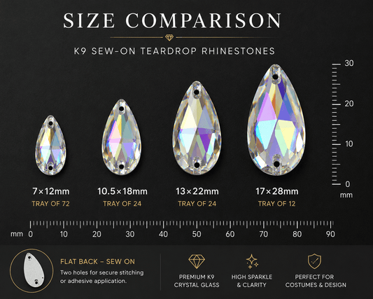 Premium K9 Sew - on TEARDROP Glass Gemstones / Crystal Non - Hotfix Flatback Rhinestones - Dowsa Performance Wear