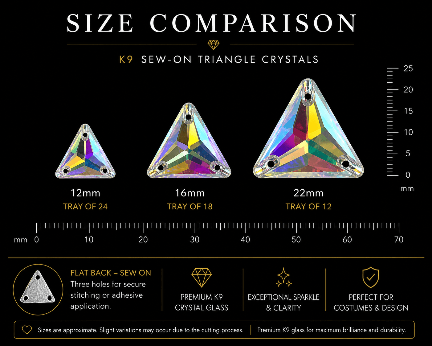 Premium K9 Sew - on TRIANGLE Glass Gemstones / Crystal Non - Hotfix Flatback Rhinestones - Dowsa Performance Wear