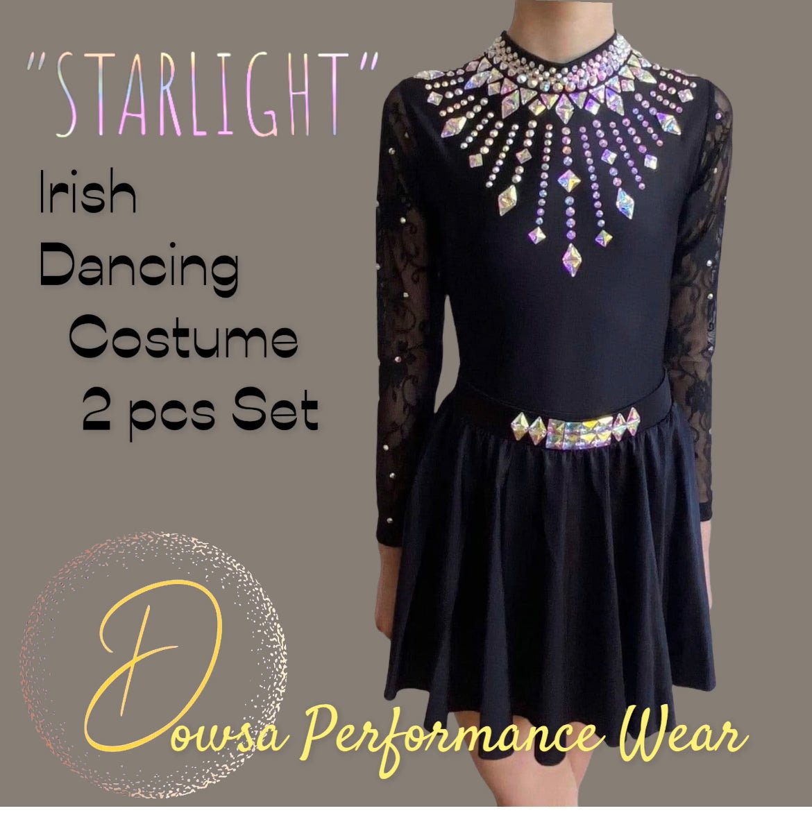 "STARLIGHT" Lace Sleeve Leotard Set with Skirt /Irish Dance Dress - Dowsa Performance Wear